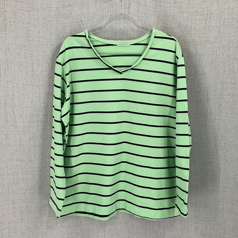 Fresh Produce T-Shirt Womens XL Green Striped V-Neck Long Sleeve Classic Coastal